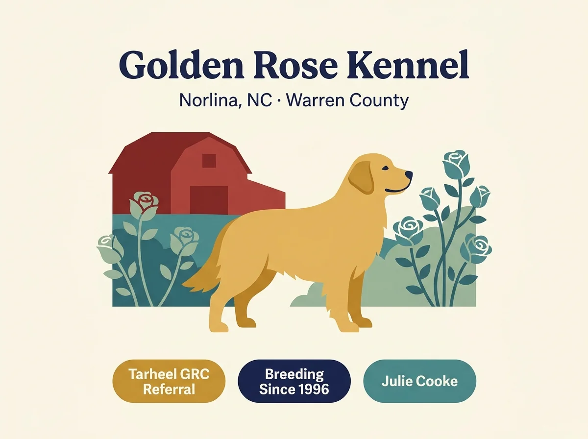 Golden Rose Kennel editorial profile card showing rural Warren County North Carolina location and Tarheel Golden Retriever Club referral list inclusion.