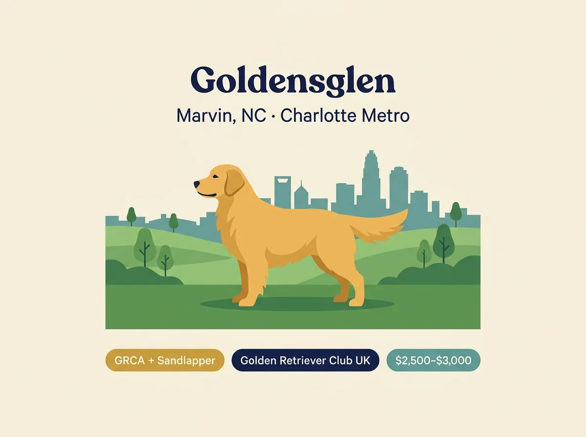 Goldensglen editorial profile card showing GRCA, Sandlapper, and Golden Retriever Club UK triple membership, with Charlotte metro location.
