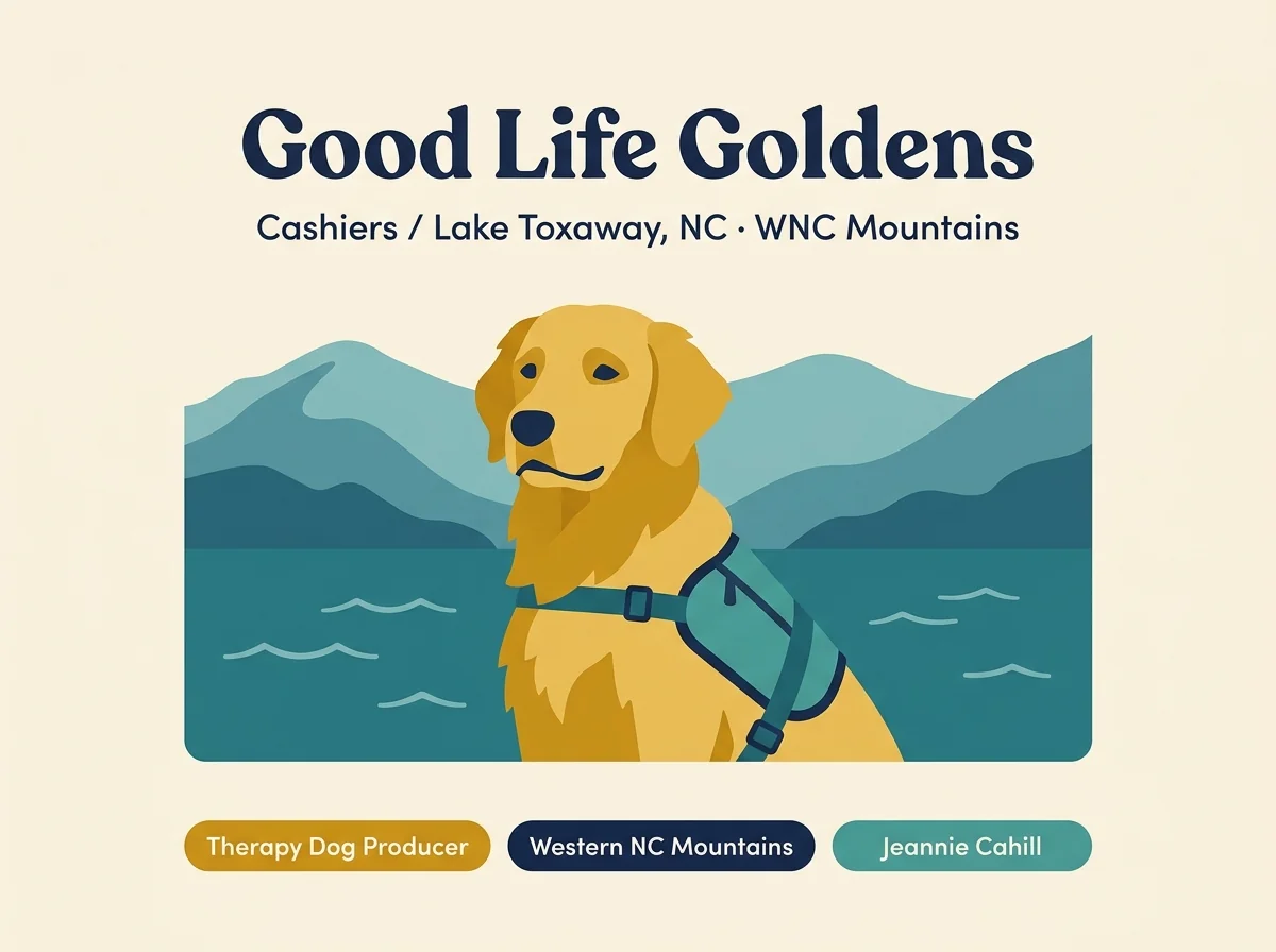 Good Life Goldens editorial profile card showing Cashiers Lake Toxaway Western North Carolina mountain location and therapy dog focus.