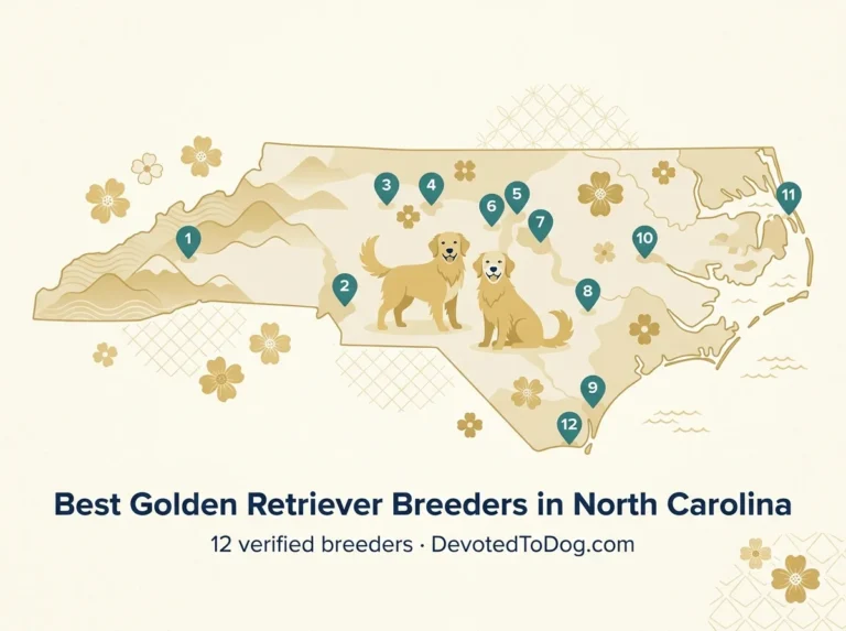 Editorial flat-vector map of North Carolina with twelve numbered teal pins marking verified golden retriever breeders, two golden retrievers, Blue Ridge mountains, Outer Banks coast, and dogwood blossoms.