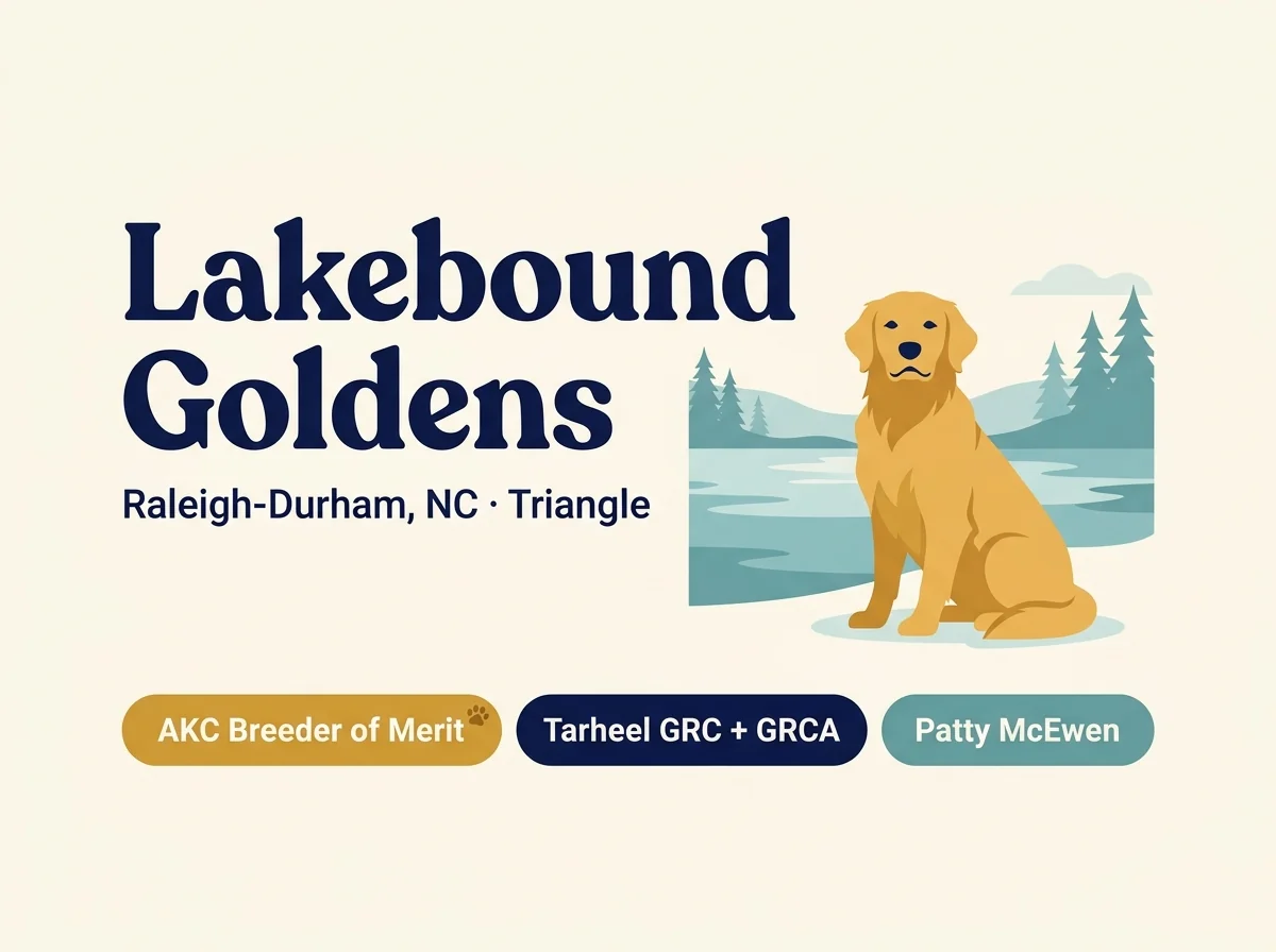 Lakebound Goldens editorial profile card showing AKC Breeder of Merit, Tarheel Golden Retriever Club, and Raleigh Durham Triangle location.