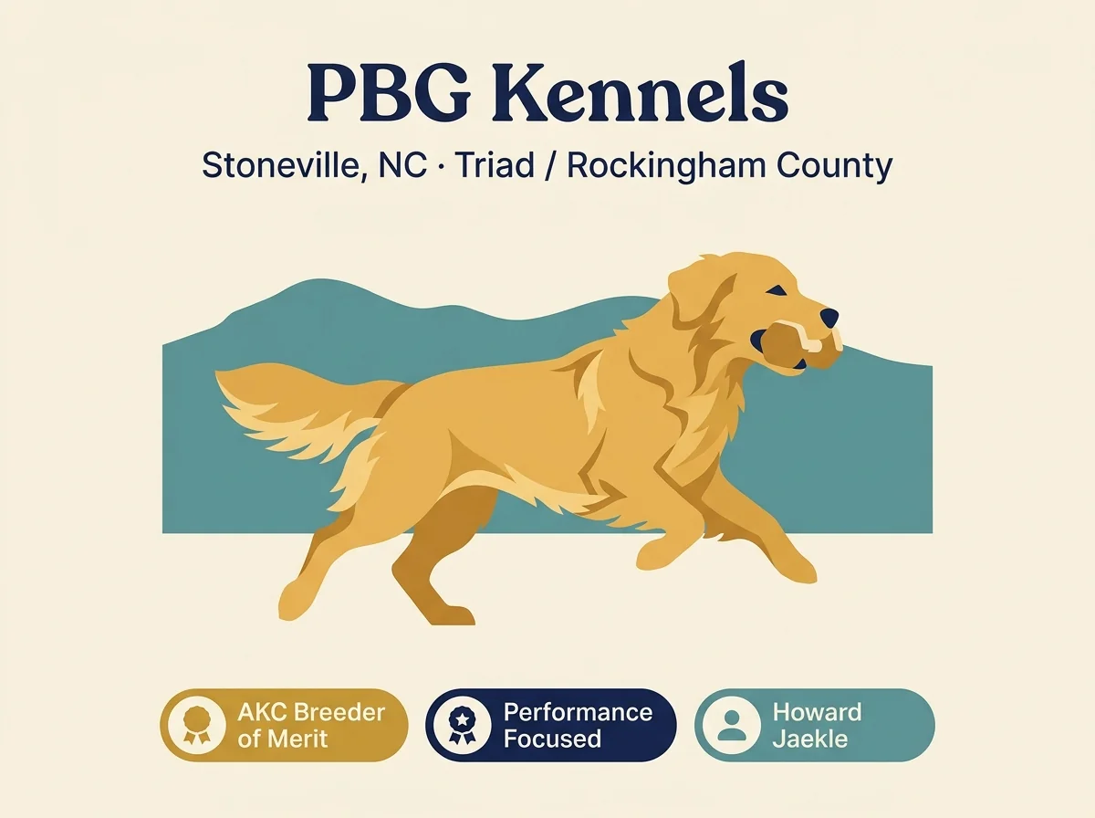 PBG Kennels editorial profile card showing AKC Breeder of Merit badge, Stoneville Triad North Carolina location, and performance focus.
