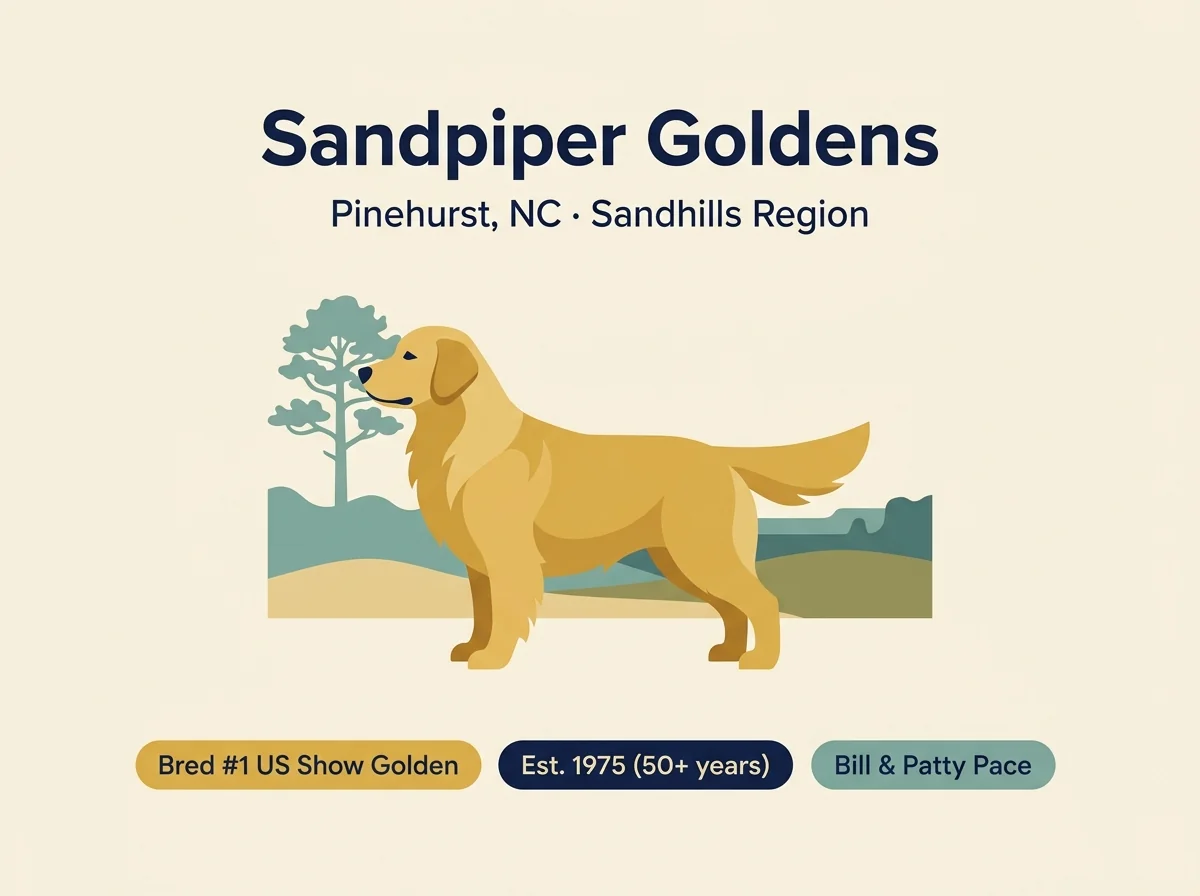 Sandpiper Goldens editorial profile card showing tier rating, Pinehurst Sandhills North Carolina location, and key credentials including 50-plus year program and Westminster show-line provenance.