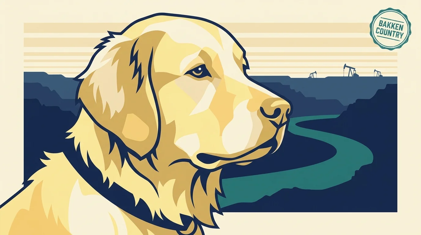 Badland Retrievers editorial profile illustration showing a golden retriever in a Williston northwest North Dakota Badlands silhouette setting with Bakken oil-country horizon.