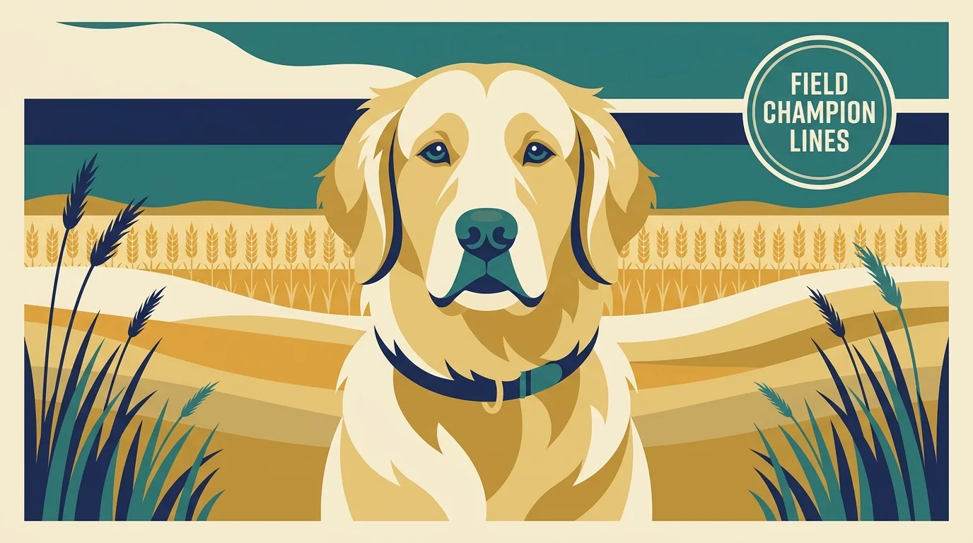 Dakota Gold Kennels editorial profile illustration showing a stylized golden retriever portrait with North Dakota Red River Valley wheat field silhouette and AKC Field Champion badge.