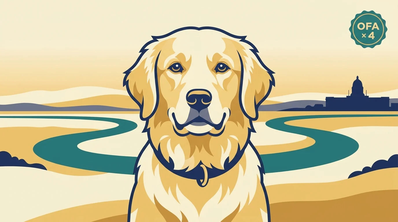 Dakota Sky's Goldens editorial profile illustration showing a stylized golden retriever portrait with Bismarck Missouri River and central North Dakota prairie horizon and OFA badge.