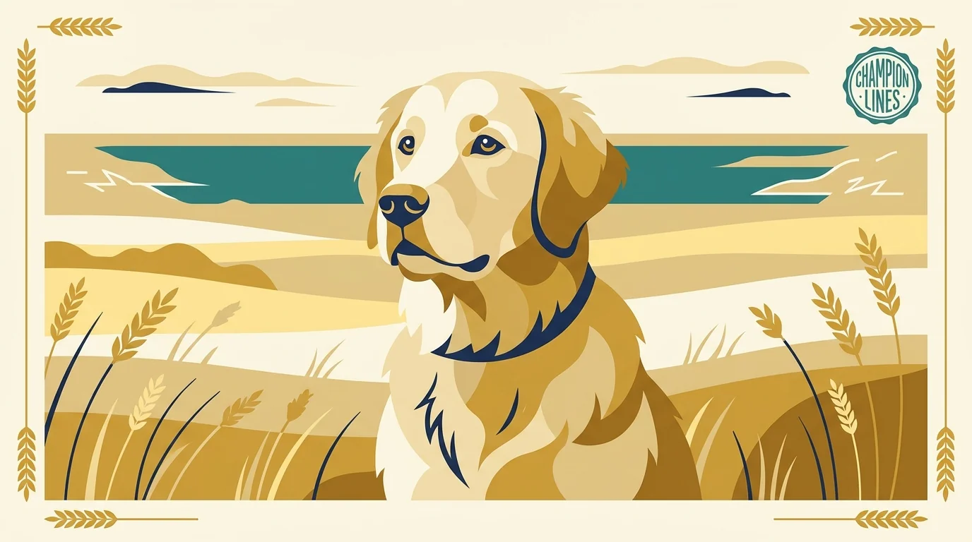Justin Wanner Golden Retrievers editorial profile illustration showing a golden retriever in a west-central North Dakota prairie setting with Lake Sakakawea horizon.