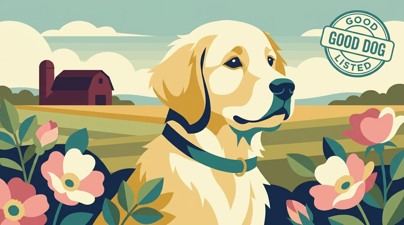 Lightning Oak Acres editorial profile illustration showing a golden retriever puppy in an eastern North Dakota Red River Valley farm setting with prairie rose accents.