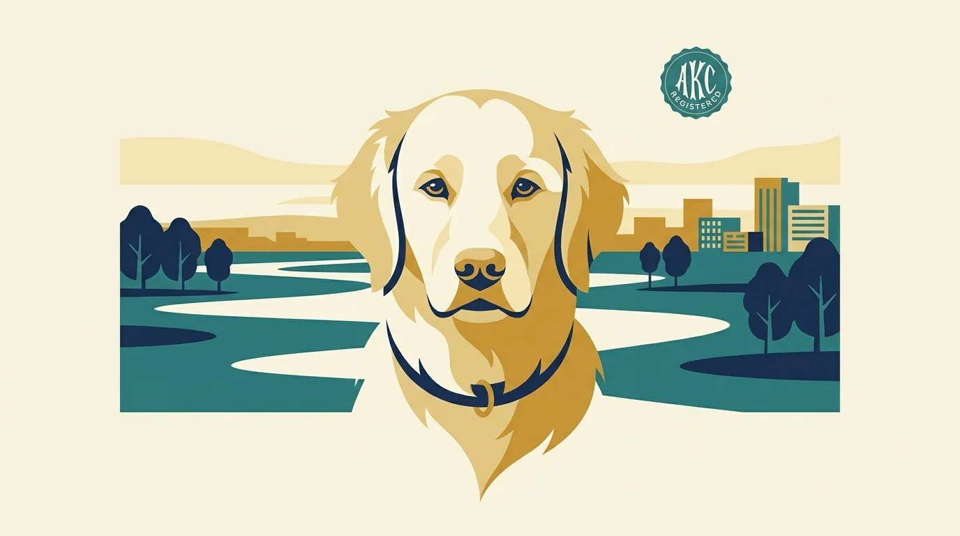 Moose Lodge Golden Retrievers editorial profile illustration showing a golden retriever in a Fargo Red River Valley urban-edge setting with cottonwood tree silhouettes.