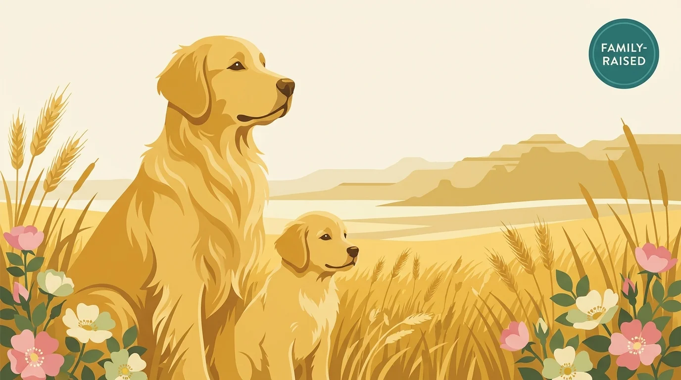 Pheasant Valley Retrievers editorial profile illustration showing a golden retriever in a Dickinson western North Dakota wheat-and-prairie setting with Bakken oil-country horizon.