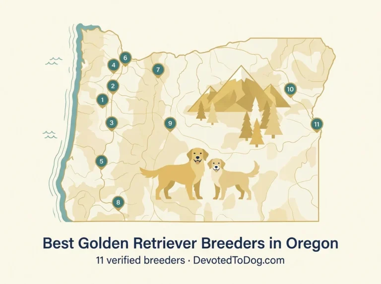 Editorial flat-vector map of Oregon with eleven numbered teal pins marking verified golden retriever breeders, two golden retrievers, Cascade mountains with Mt Hood, Douglas firs, and Pacific coast.