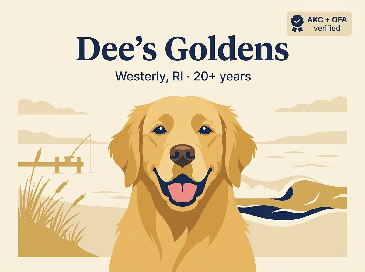 Dee's Goldens editorial profile card showing a stylized golden retriever portrait with a Westerly Rhode Island coastal silhouette and AKC + OFA verification badge.