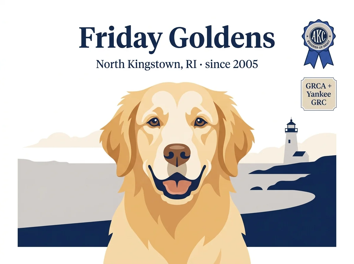 Friday Goldens editorial profile card showing a stylized golden retriever portrait with a Narragansett Bay coastal silhouette and AKC Breeder of Merit verification badge.