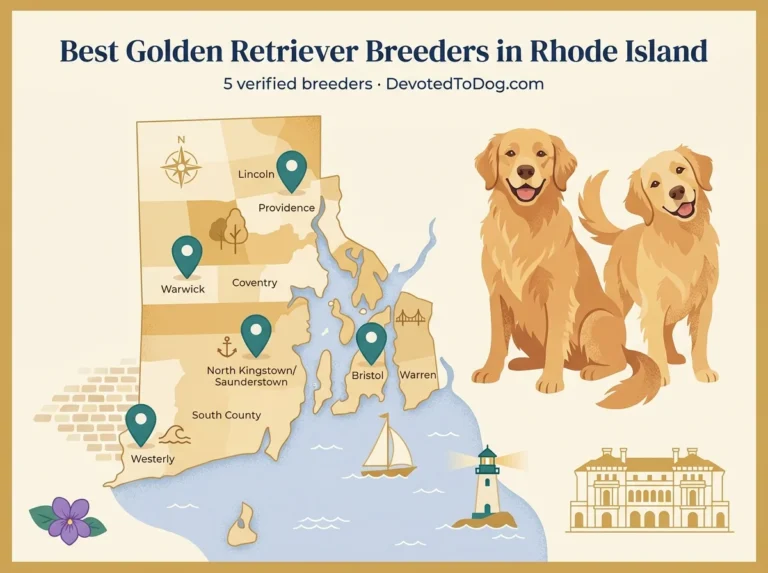 Stylized map of Rhode Island showing the locations of five vetted golden retriever breeders, with verification badges for OFA health testing, GRCA membership, and written contract.