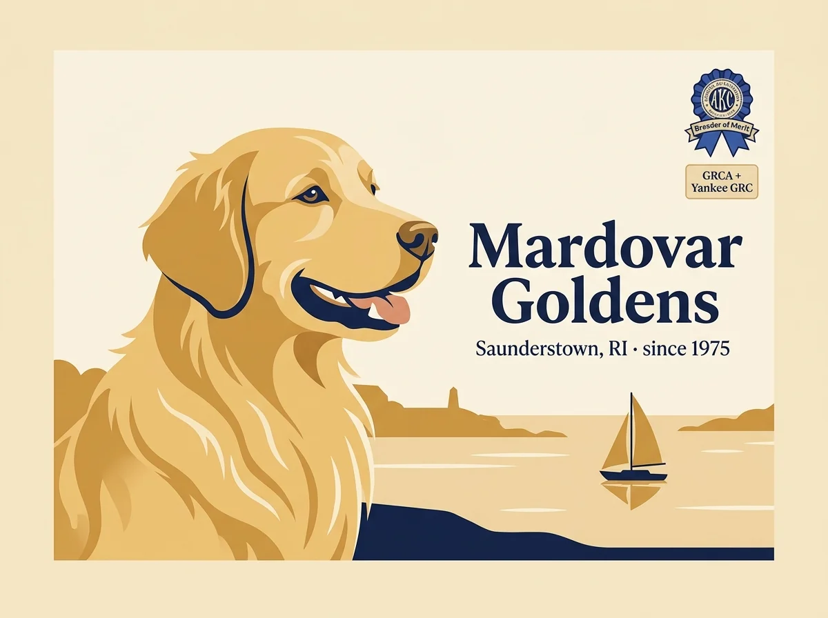 Mardovar Goldens editorial profile card showing a stylized golden retriever portrait with a Saunderstown Rhode Island coastal silhouette and AKC Breeder of Merit + GRCA + Yankee GRC verification badge.