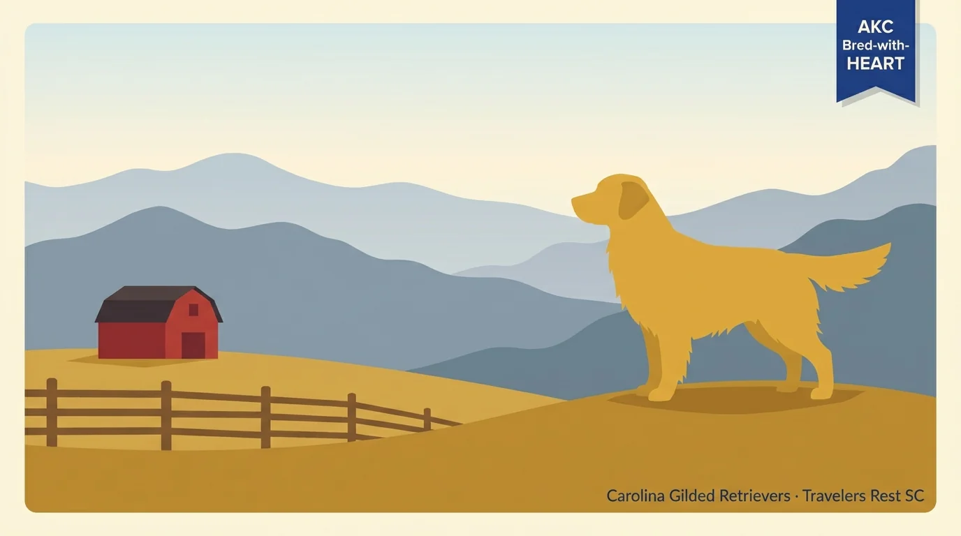 Carolina Gilded Retrievers editorial profile card showing a 6-acre Travelers Rest farm with Blue Ridge foothills and an AKC Bred-with-HEART verification badge.