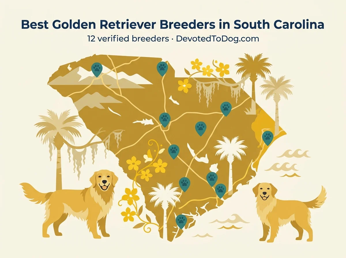 Map of South Carolina showing the locations of twelve recommended golden retriever breeders, with a verification badge listing OFA health testing, GRCA membership, and Sandlapper GRC referral as our core requirements.