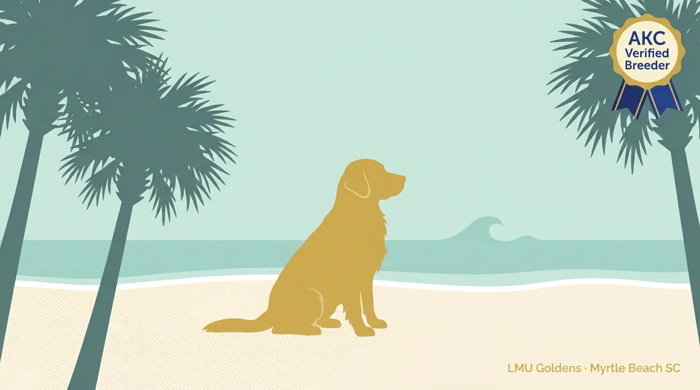 LMU Goldens editorial profile card showing a Grand Strand coastal scene with palmetto silhouettes and an AKC Verified Breeder badge.