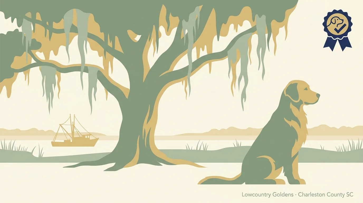 Lowcountry Goldens editorial profile card showing Charleston-area Spanish moss live oaks and a coastal palette.