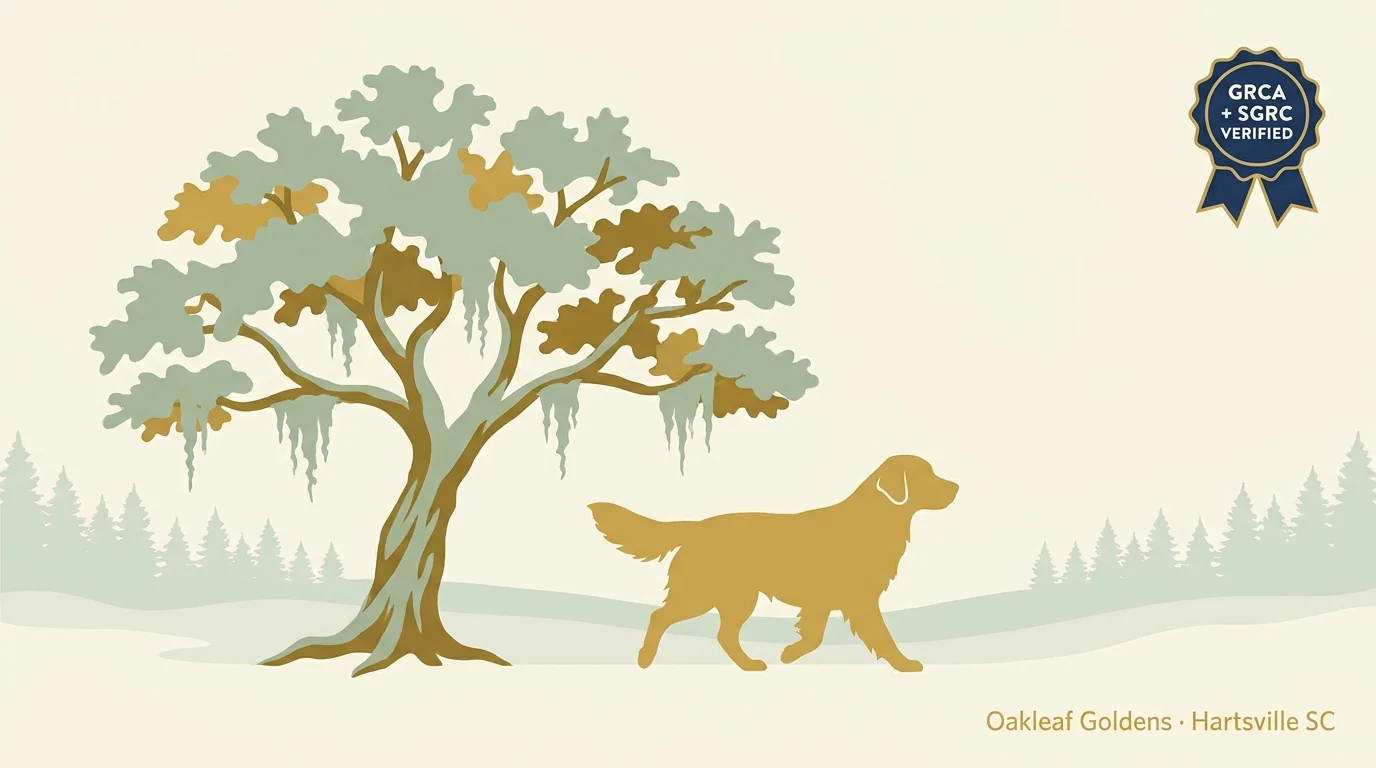 Oakleaf Goldens editorial profile card showing a stylized golden retriever portrait with Pee Dee region oak and pine silhouette and a GRCA + SGRC verification badge.