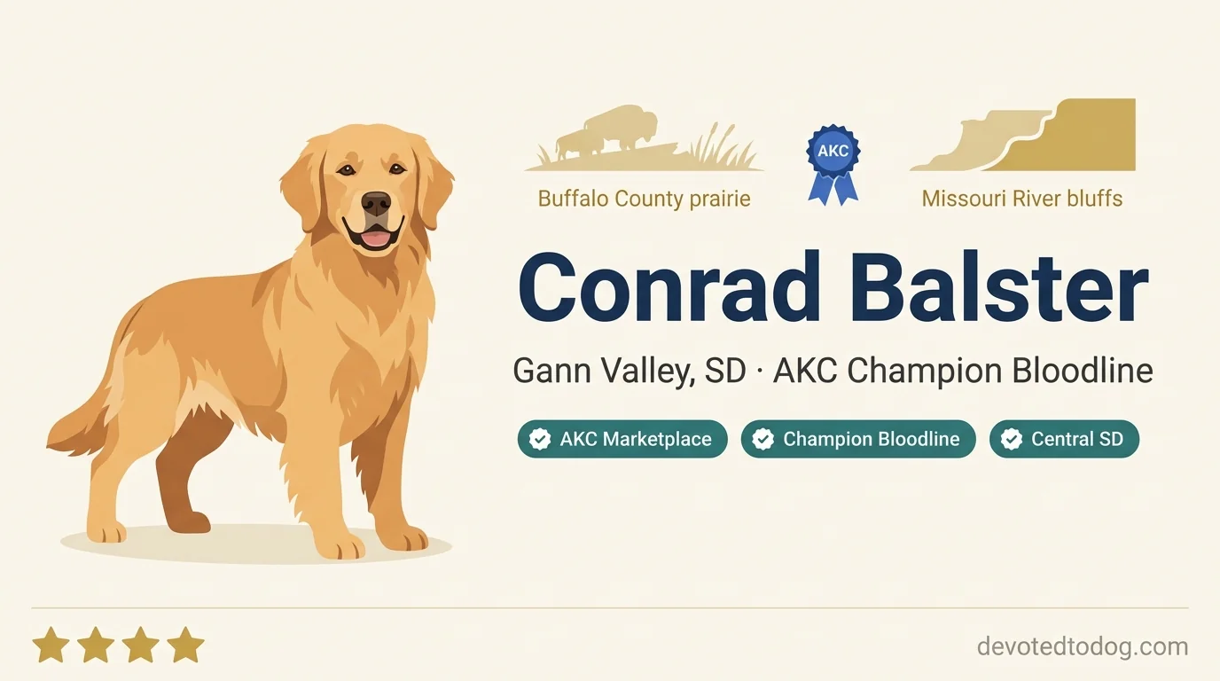 Conrad Balster editorial profile card showing tier rating, Gann Valley South Dakota location, AKC Champion Bloodline credential, and central SD region