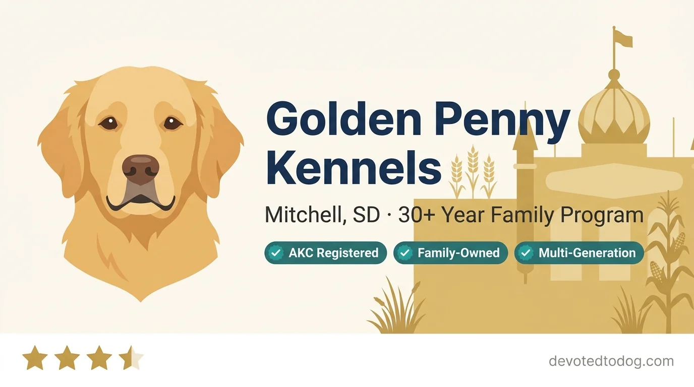 Golden Penny Kennels editorial profile card showing tier rating, Mitchell South Dakota location, 30-year family program credential, and central I-90 corridor highlight