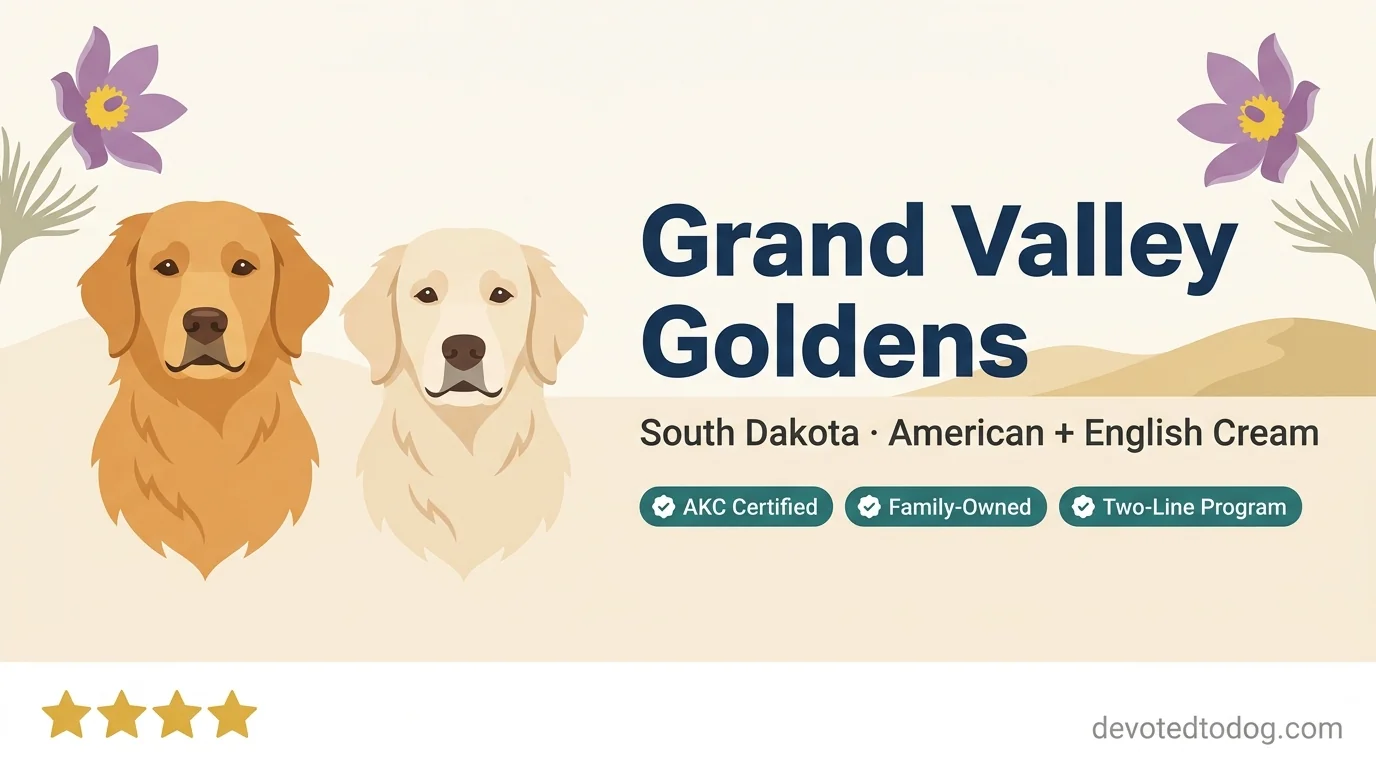 Grand Valley Goldens editorial profile card showing tier rating, South Dakota location, AKC certified credential, and family-program identity