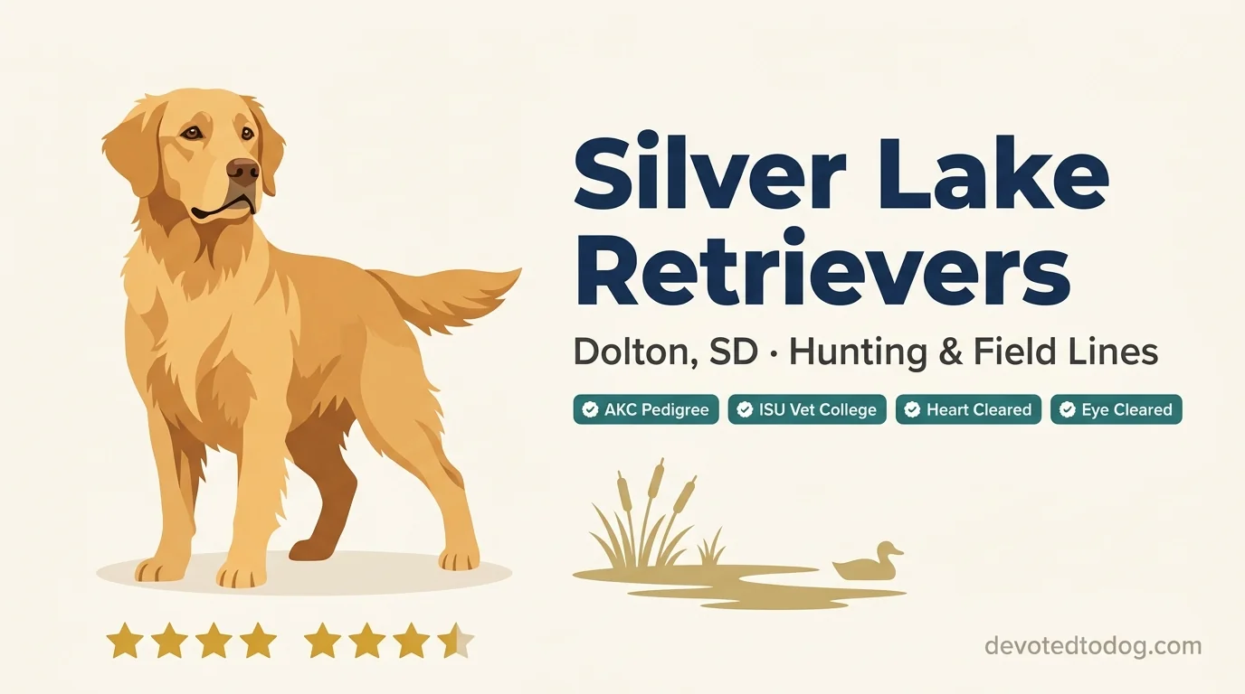Silver Lake Retrievers editorial profile card showing tier rating, Dolton South Dakota location, AKC Certified Pedigree credential, and hunting field-line focus
