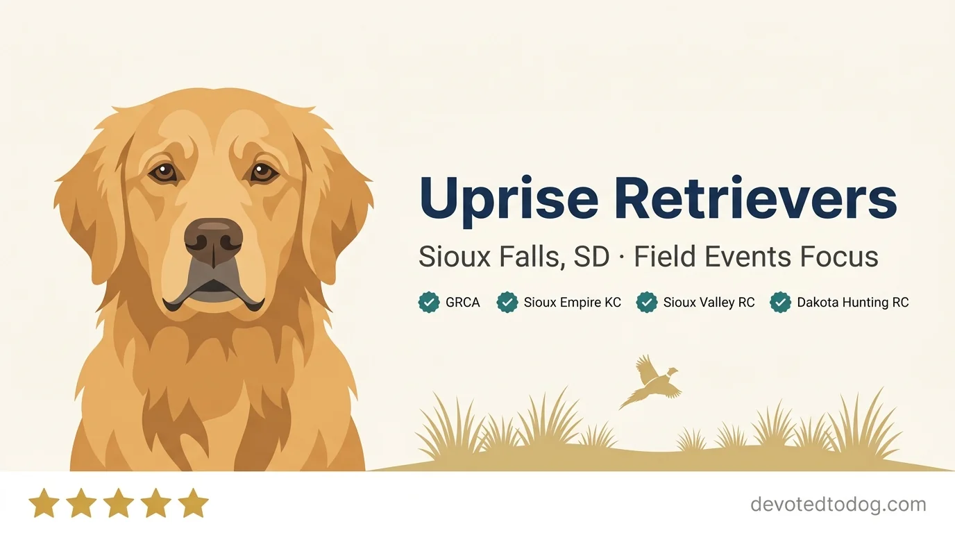 Uprise Retrievers editorial profile card showing tier rating, Sioux Falls South Dakota location, GRCA membership, four-club affiliation, and field events focus