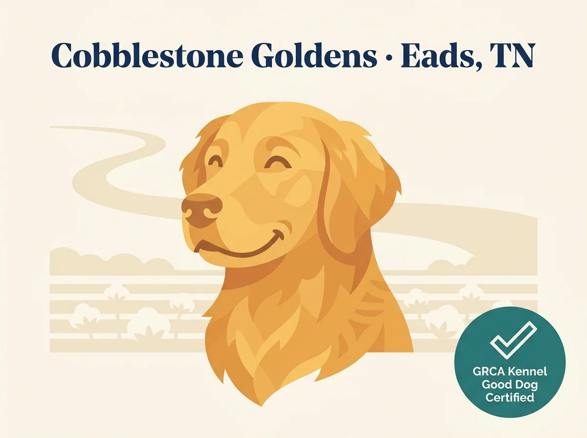 Cobblestone Goldens editorial profile card showing tier rating, location, and key credentials with Tennessee landscape elements