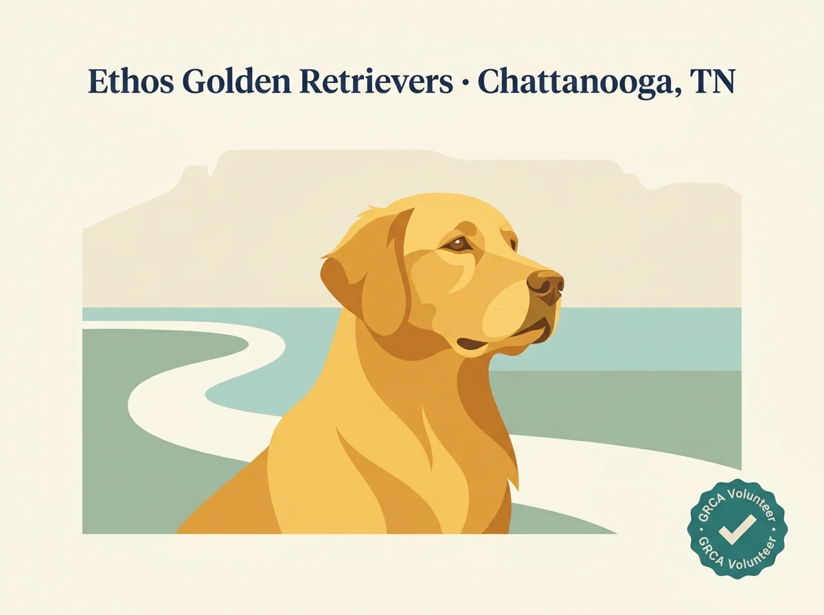Ethos Golden Retrievers editorial profile card showing tier rating, Chattanooga Tennessee location, and key credentials