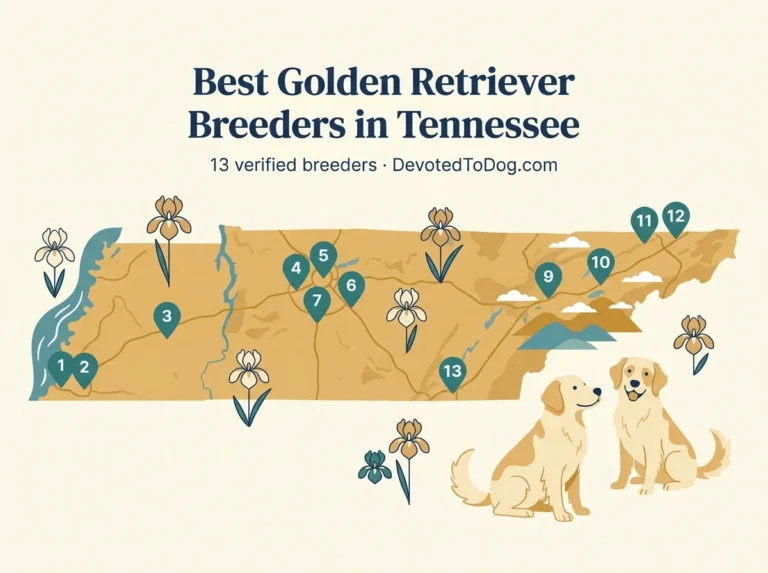 Editorial flat-vector map of Tennessee with two golden retrievers, 13 numbered teal location pins from Memphis west through Nashville, Knoxville, the Tri-Cities, and Chattanooga; Smoky Mountain silhouettes east, Mississippi River edge west, and irises (state flower). Title: Best Golden Retriever Breeders in Tennessee. 13 verified breeders, DevotedToDog.com.