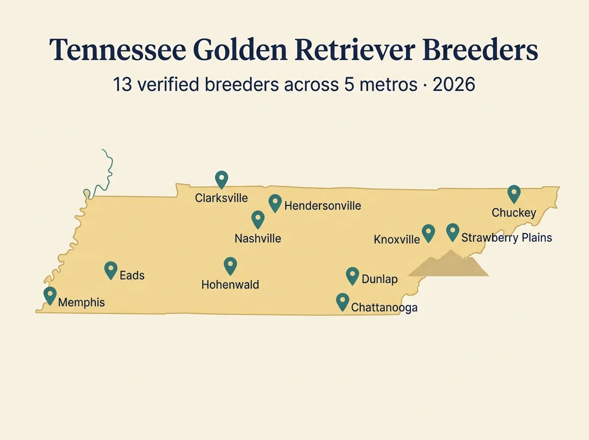 Map showing golden retriever breeder locations across Tennessee: Clarksville and Hendersonville in the Nashville region, Eads near Memphis, Knoxville and Strawberry Plains in East Tennessee, Chattanooga and Dunlap in the southeast, and Chuckey in the Tri-Cities