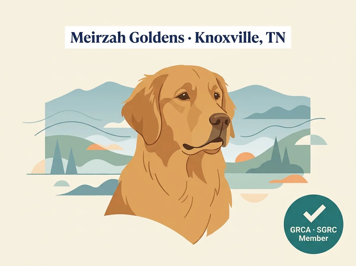 Meirzah Goldens editorial profile card showing East Tennessee location near Knoxville, GRCA membership, and preservation breeding focus