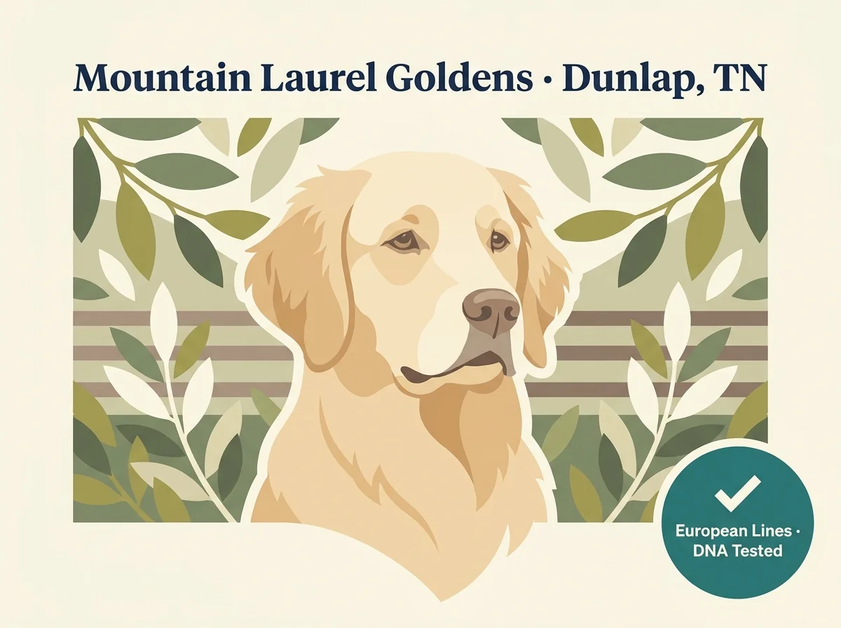 Mountain Laurel Goldens editorial profile card showing Dunlap Tennessee location and European bloodlines credential