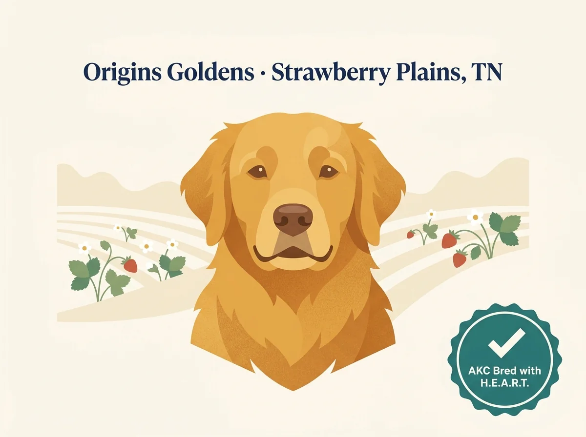 Origins Goldens editorial profile card showing East Tennessee location and AKC Bred with HEART credential