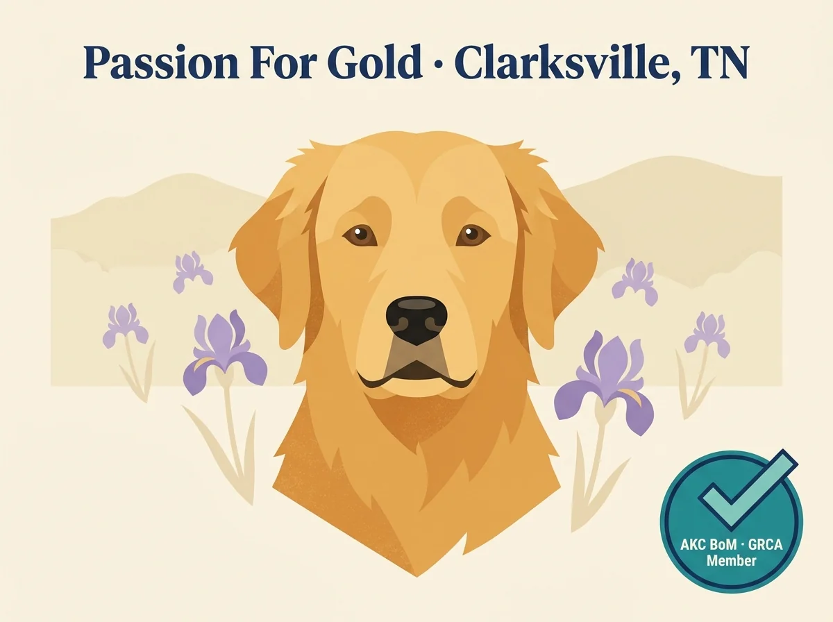 Passion For Gold Golden Retrievers editorial profile card showing tier rating, Clarksville Tennessee location, and AKC Breeder of Merit credential