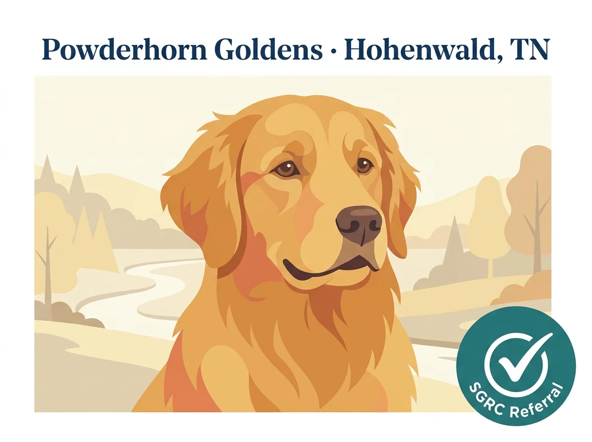 Powderhorn Goldens editorial profile card showing tier rating, Hohenwald Tennessee location, and Sandlapper GRC referral credential