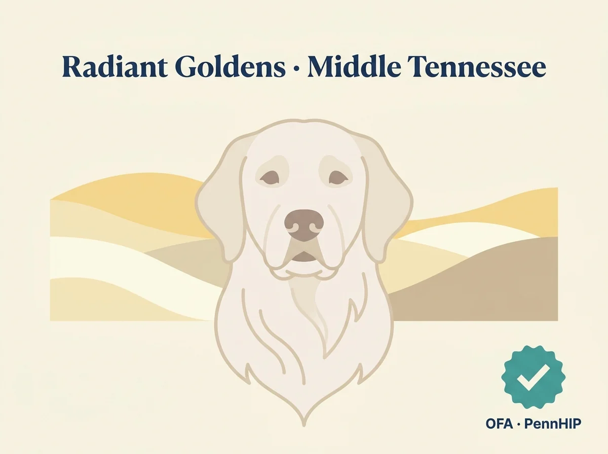 Radiant Goldens editorial profile card showing Middle Tennessee location and AKC OFA PennHIP DNA testing credential