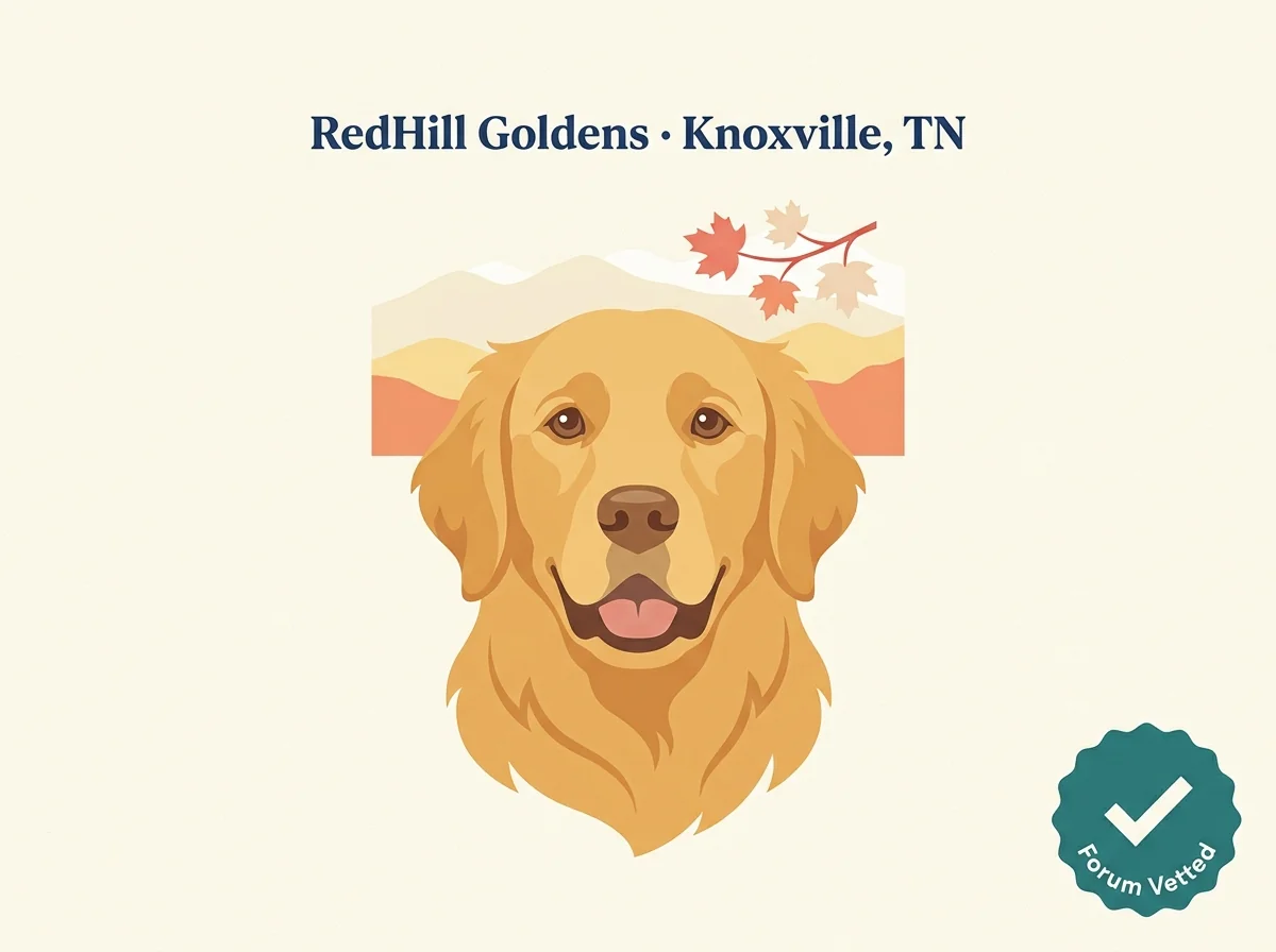 RedHill Goldens editorial profile card showing Knoxville Tennessee location and forum-vetted ethical breeder credential