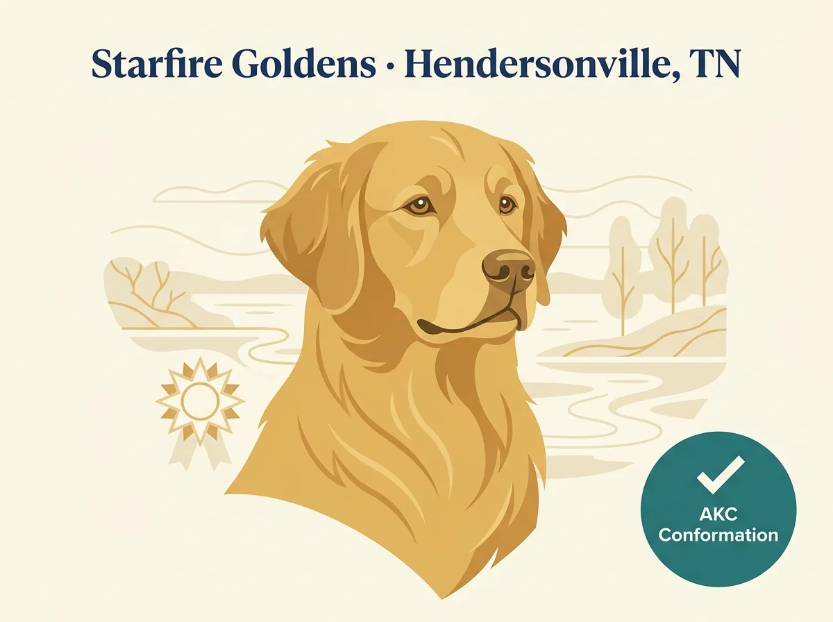 Starfire Goldens editorial profile card showing tier rating, Hendersonville Tennessee location, and AKC Conformation breeder credential