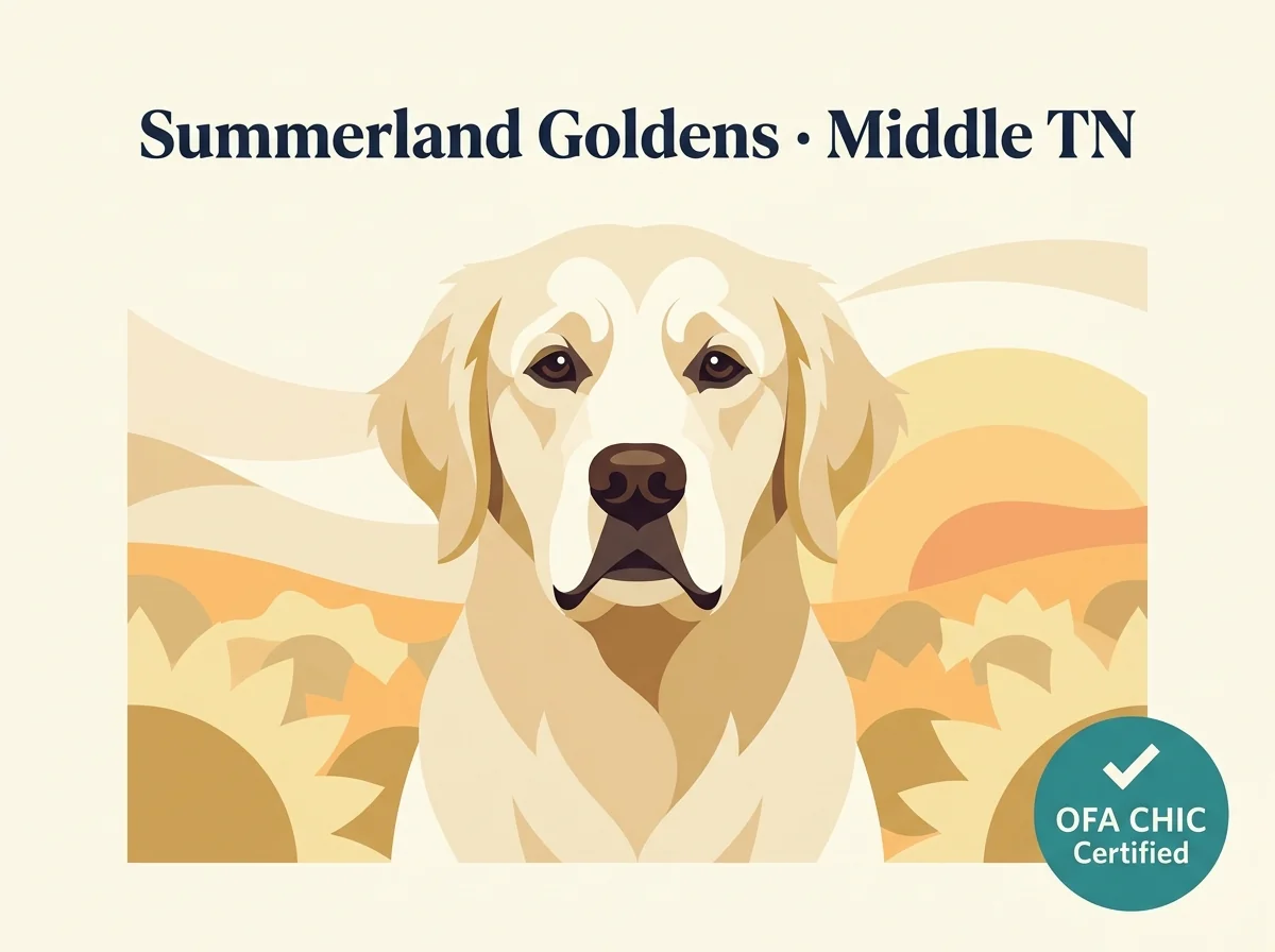 Summerland Goldens editorial profile card showing Southern Middle Tennessee location and OFA CHIC certification credential