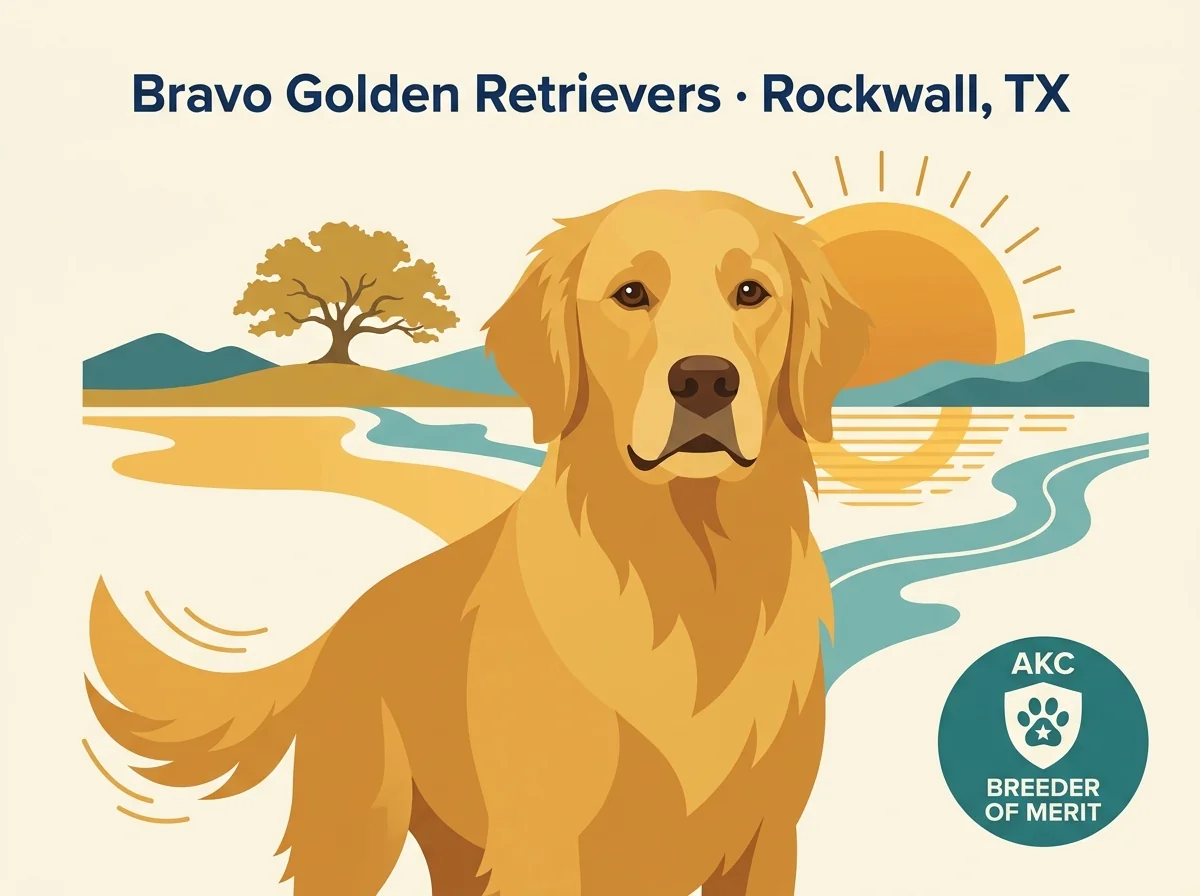 Bravo Golden Retrievers editorial profile card showing Rockwall Texas location and AKC Breeder of Merit credential