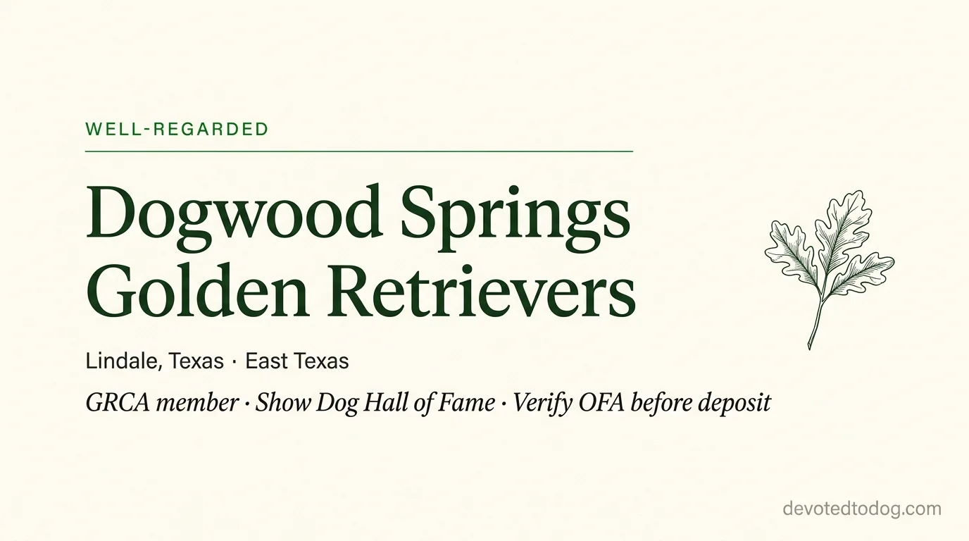 Dogwood Springs Golden Retrievers editorial profile card showing tier rating, location, and key credentials