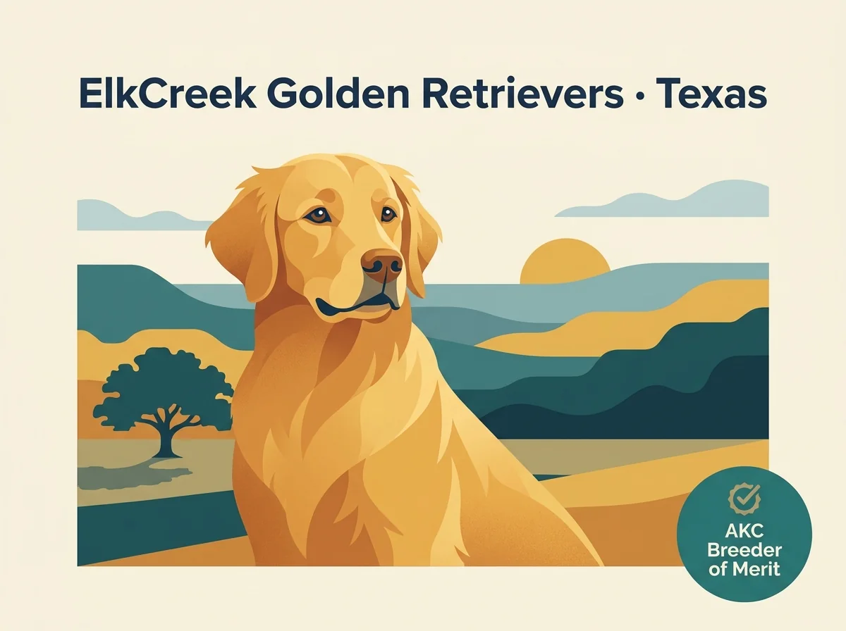 ElkCreek Golden Retrievers editorial profile card showing Texas location and AKC Breeder of Merit credential