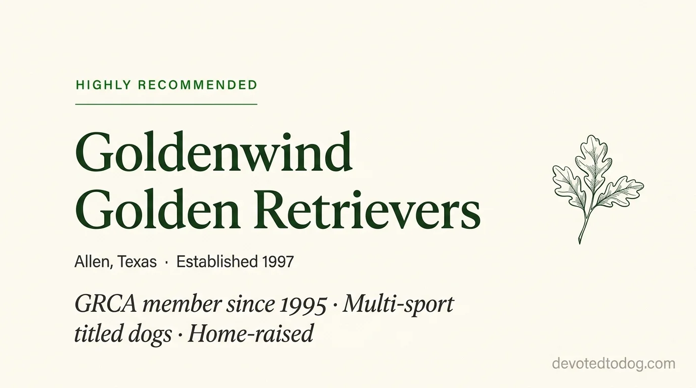 Goldenwind Golden Retrievers editorial profile card showing tier rating, location, and key credentials