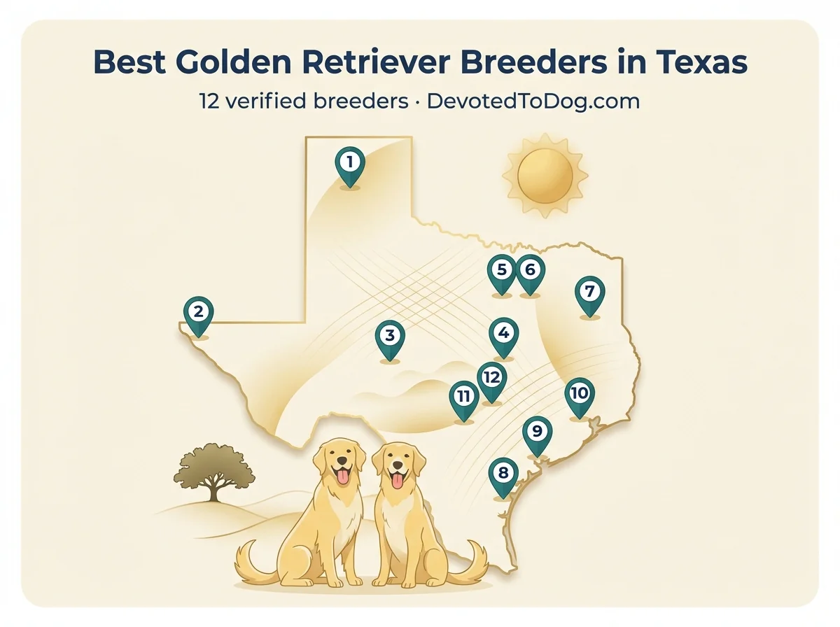 Map of Texas showing 12 verified golden retriever breeders, with a verification badge listing OFA health testing, GRCA membership, and AKC Breeder of Merit credentials.