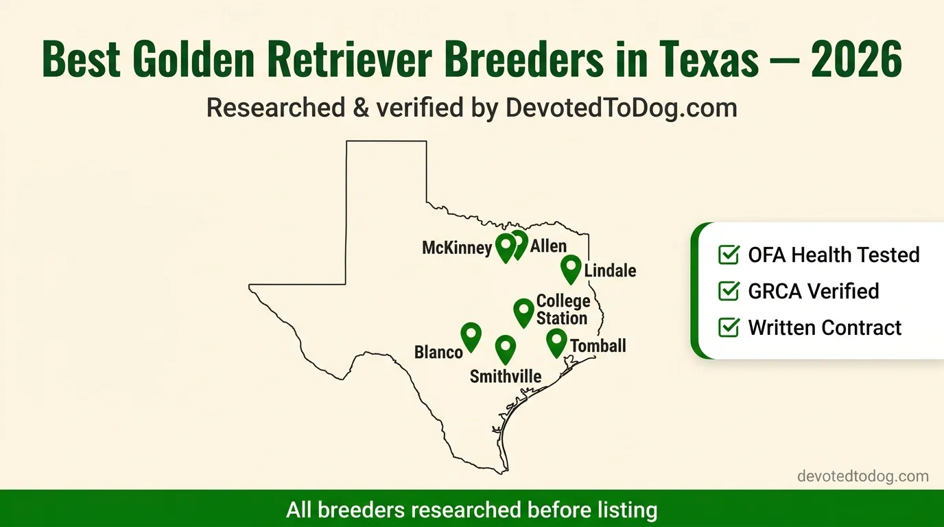 Map of Texas showing golden retriever breeder locations in McKinney, Allen, Lindale, Tomball, College Station, Blanco, and Smithville with OFA health testing verification badge