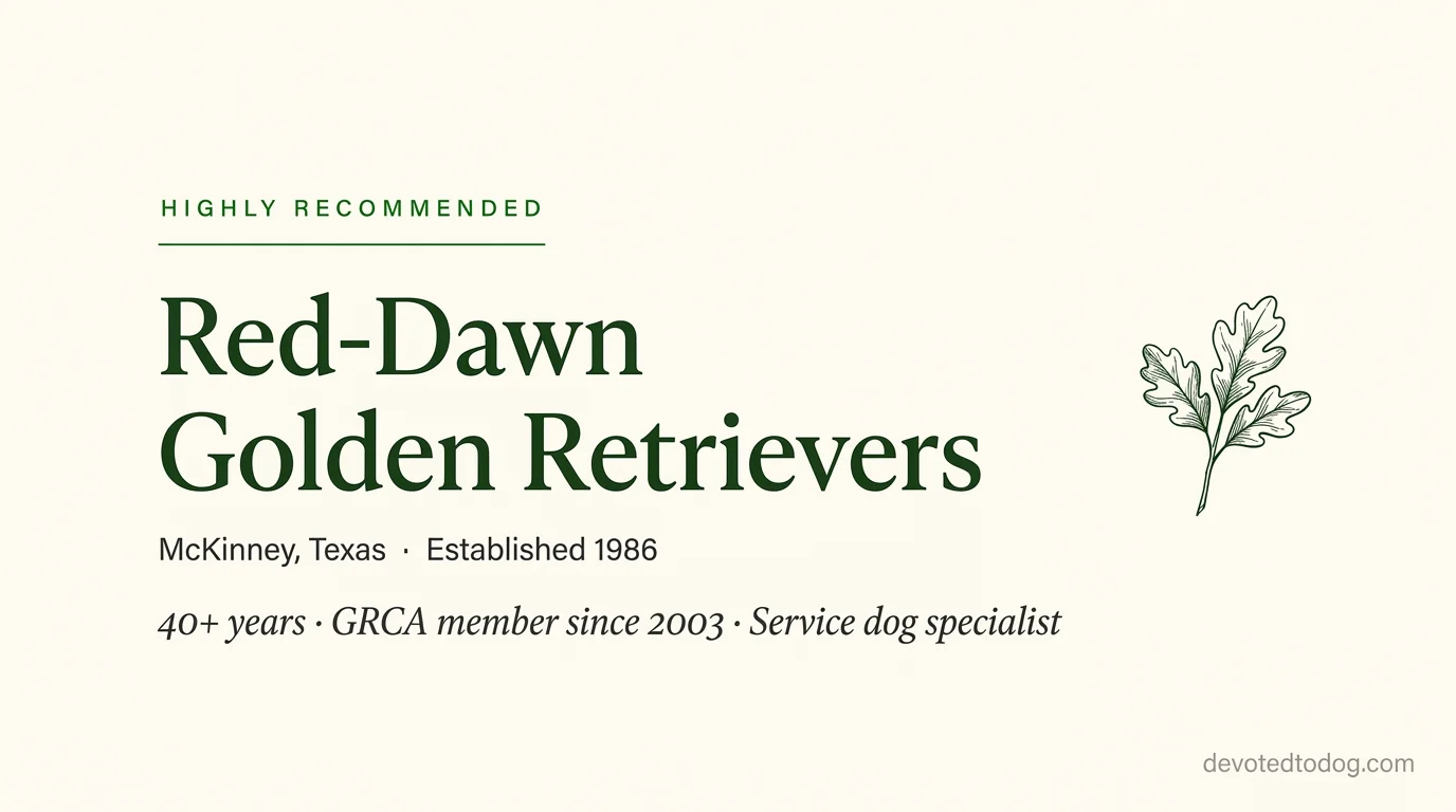 Red-Dawn Golden Retrievers editorial profile card showing tier rating, location, and key credentials