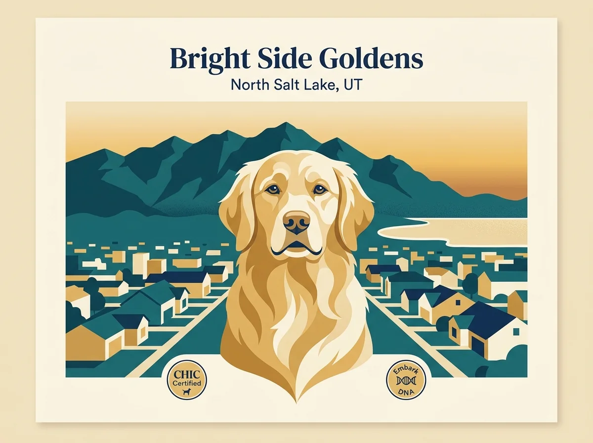 Bright Side Goldens editorial profile card showing tier rating, North Salt Lake Utah location, and key credentials